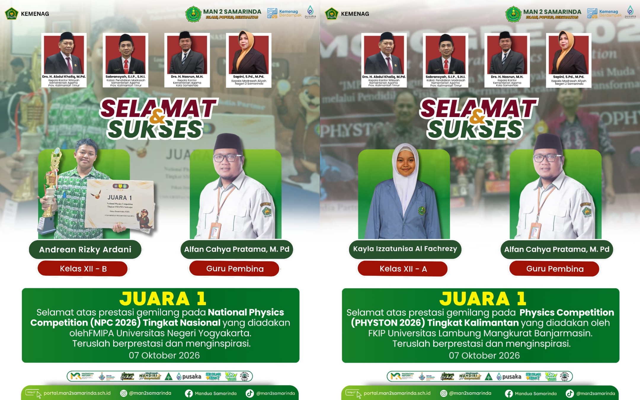 Dua Siswa MAN 2 Samarinda Raih Juara Fisika Tingkat Nasional